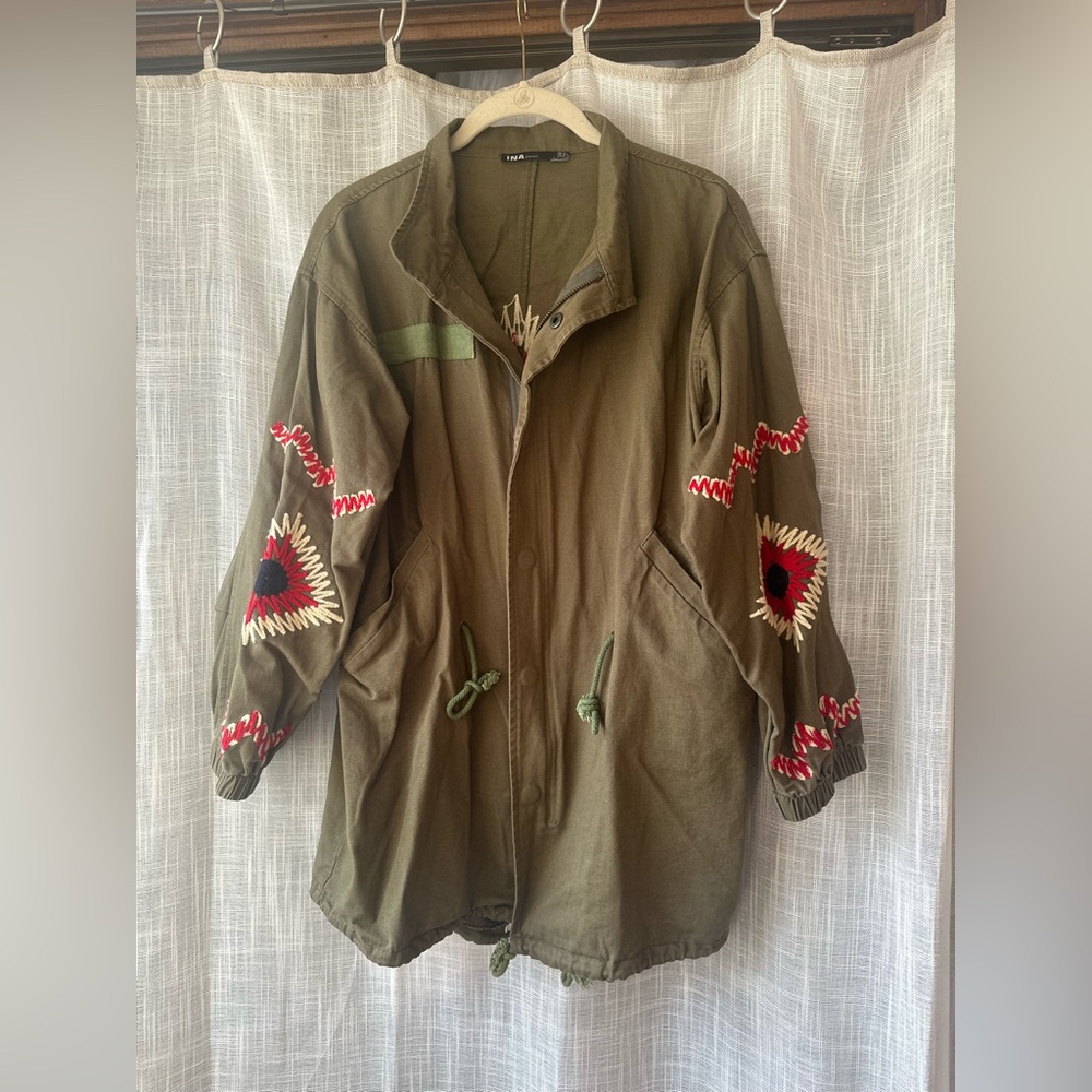 Ina Olive Utility Jacket with Red Embroidery